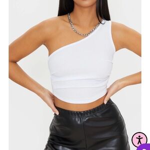 Petite White Ruched Side One Shoulder Crop Top